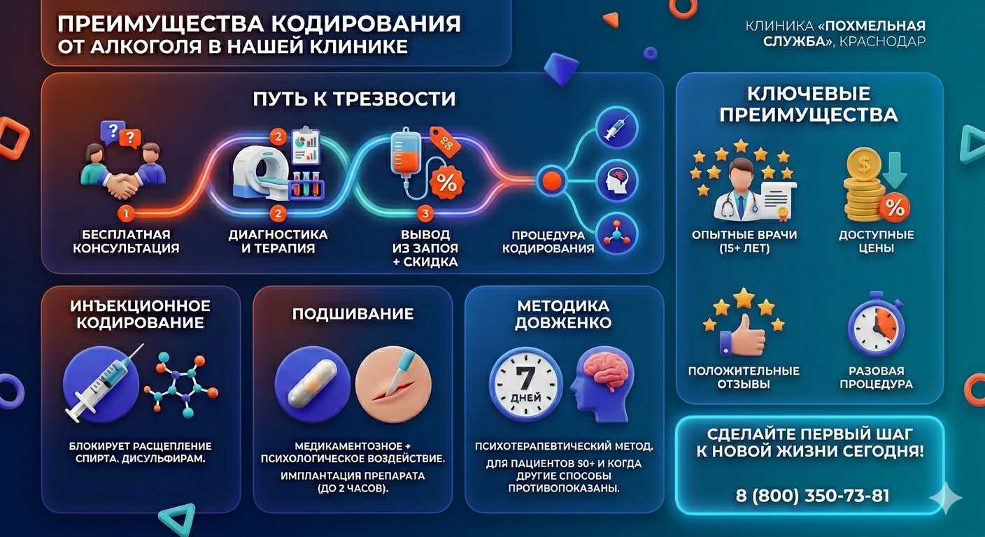 Инфографика о методах кодирования от алкоголя в Бийске: инъекции, подшивание, метод Довженко. Преимущества клиники и этапы лечения.