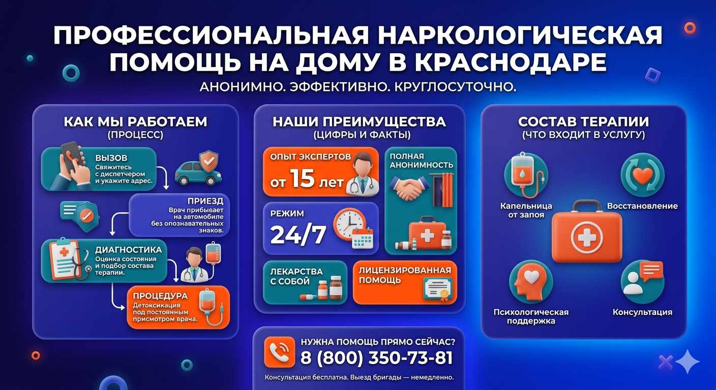 Инфографика о принципах лечения алкоголизма на дому в Бийске: этапы вызова нарколога, преимущества анонимной детоксикации и состав медицинской помощи.